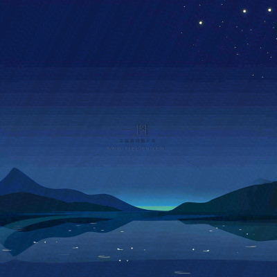 夜晚河面星空月亮唯美夜景扁平插画手绘
