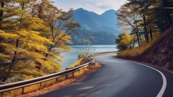 秋天湖边的公路遍布着黄了的树落叶摄影图