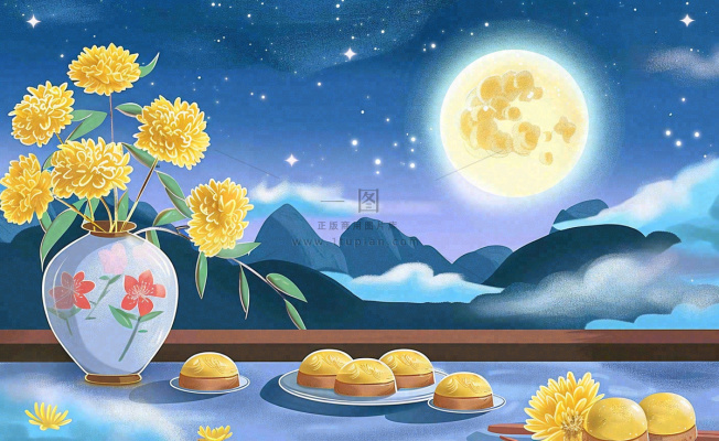 中秋夜晚赏月月饼饮茶黄花菊花桂花国风插画背景 中秋夜晚赏月月饼饮茶黄花菊花桂花国风插画背景