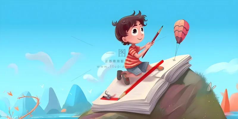 儿童放假写作业天空热气球卡通背景