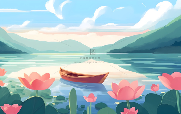 湖中泛舟山森林绿叶花风景插画海报素材背景
