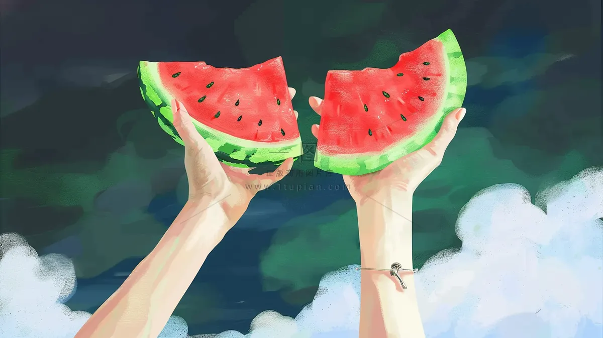 夏日西瓜手拿西瓜蓝天白云油画插画背景
