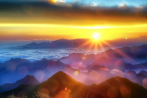 清晨日出朝霞云层山川摄影图