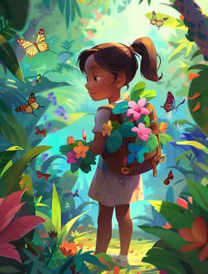 夏天户外森林丛林冒险的青少年背包旅行探险卡通插画背景