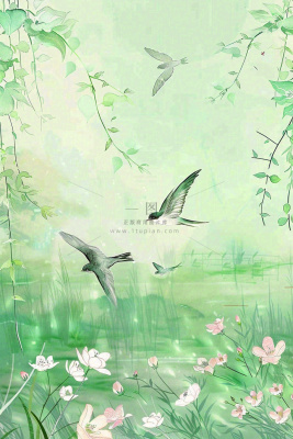春天春暖花开柳树燕子草丛春游踏青立春惊蛰春分水彩插画背景