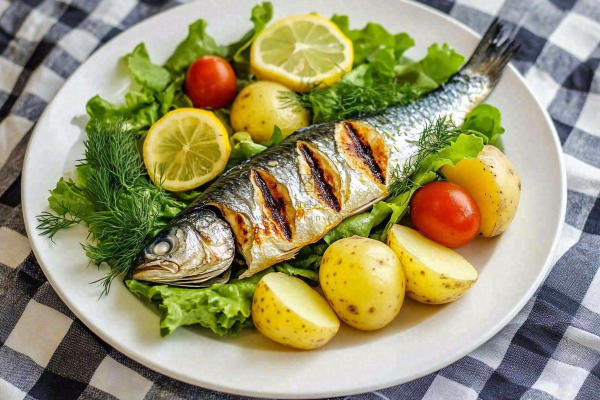 美味烤鱼沙拉柠檬美食摄影图