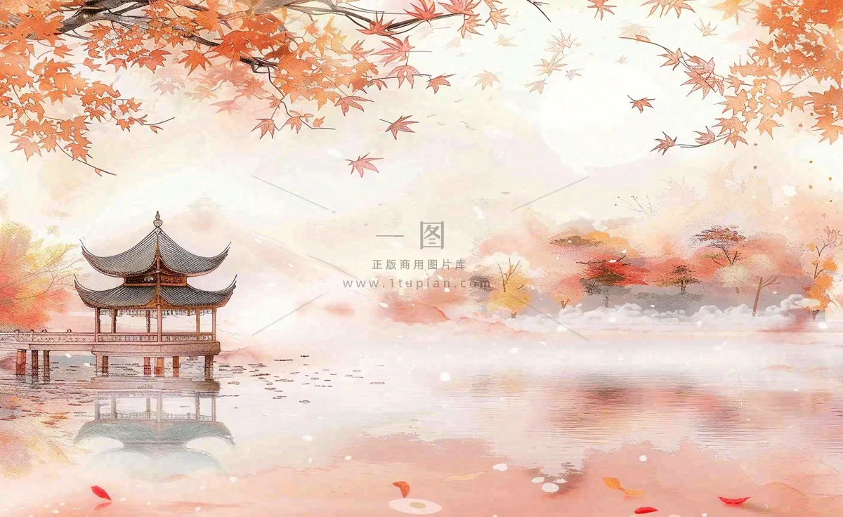 秋天红色枫叶江南水乡凉亭水墨画古风插画背景