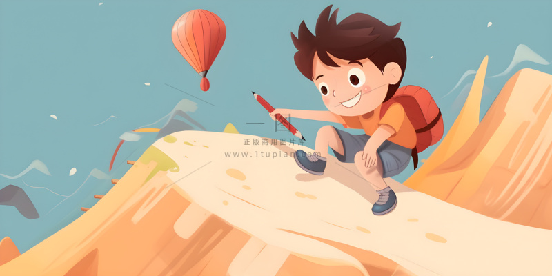 儿童放假写作业天空热气球卡通背景