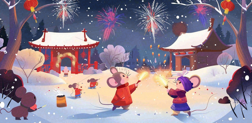 鼠年新年雪地放烟花的老鼠新年春节氛围热闹卡通插画背景