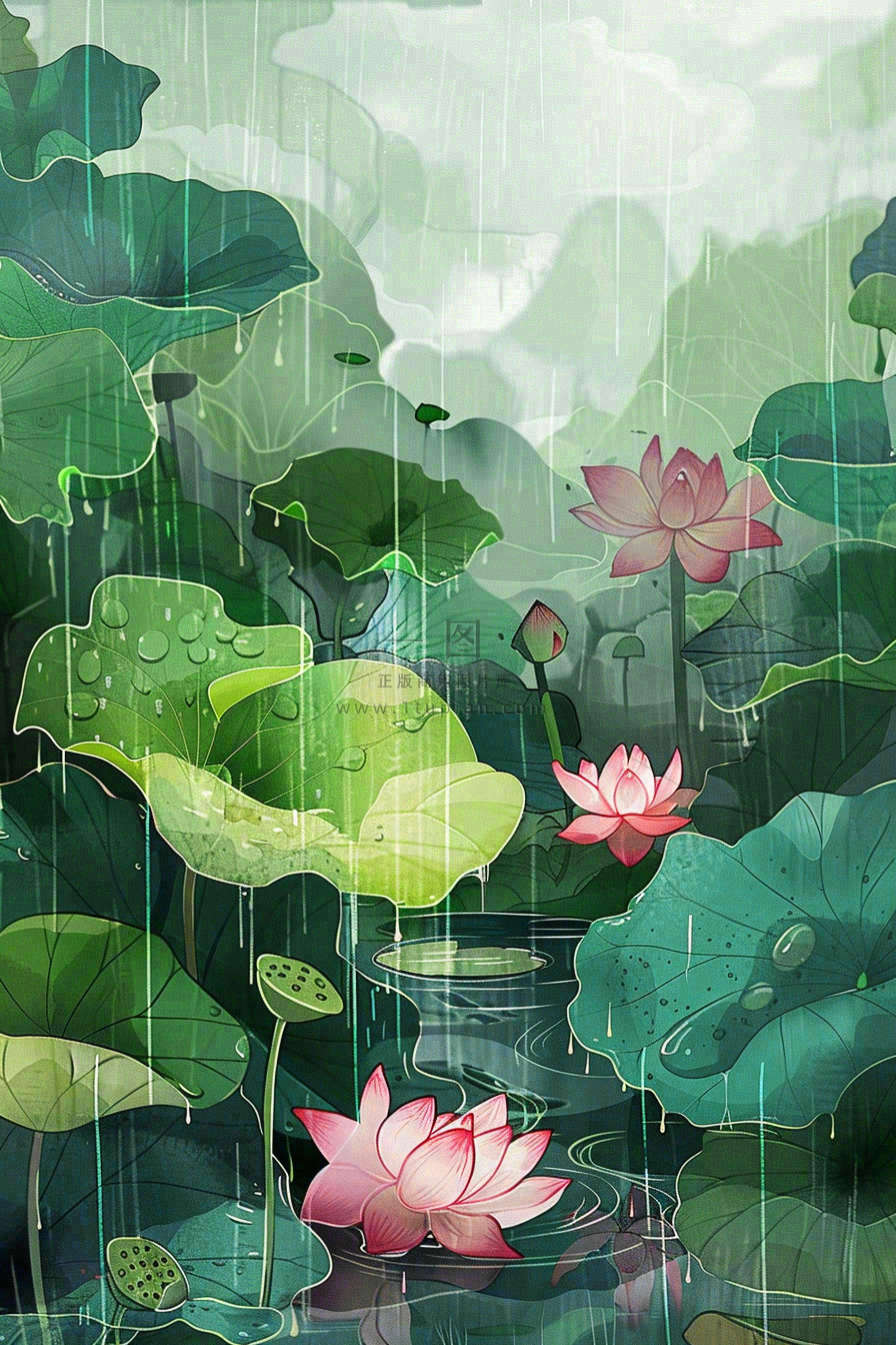 夏天雨季池塘荷花荷叶凄冷大暑处暑插画背景