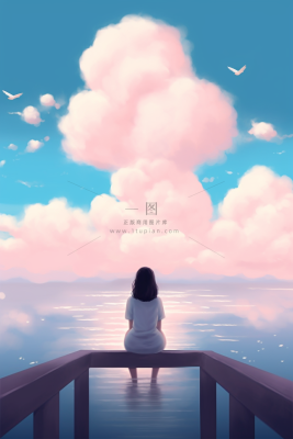 夏日海边云彩天空女孩坐着码头卡通插画素材背景 