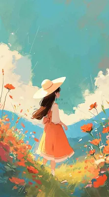 油画女孩春天踏青郊游山脉鲜花草地,春分,插画手绘 油画女孩春天踏青郊游山脉鲜花草地,春分,插画手绘