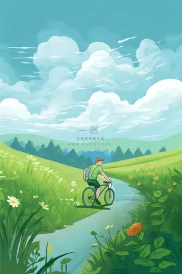 春骑自行车的人风吹草地鲜花绿叶盛开卡通插画背景 春骑自行车的人风吹草地鲜花绿叶盛开卡通插画背景