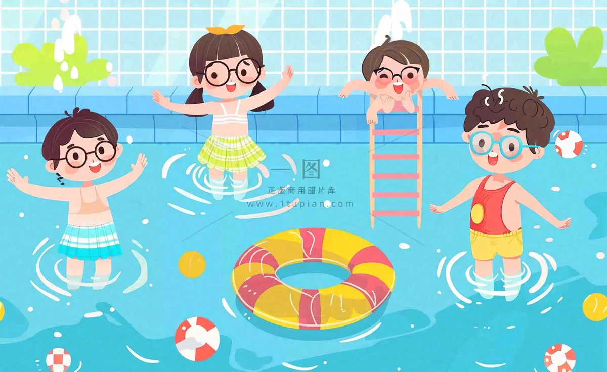 蓝色儿童夏天游泳池插画卡通夏日立夏夏至大暑小暑游泳插画背景