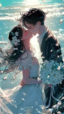 海边阳光沙滩情侣婚纱照爱情甜蜜情人节手绘插画