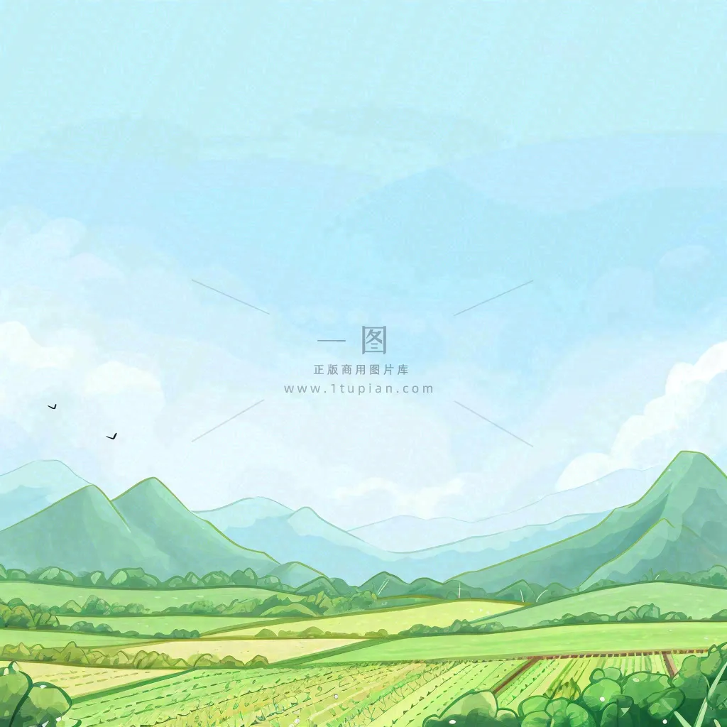 春天清新山脉田间草地绿植手绘插画