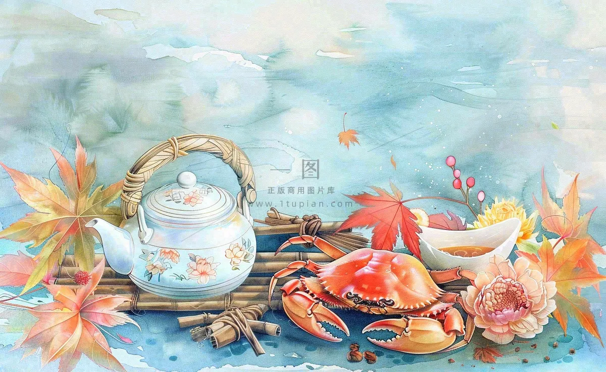 金秋螃蟹红枫叶茶壶水面涟漪中秋重阳秋分寒露水墨水彩插画背景