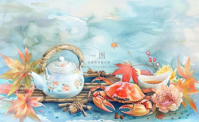 金秋螃蟹红枫叶茶壶水面涟漪中秋重阳秋分寒露水墨水彩插画背景 金秋螃蟹红枫叶茶壶水面涟漪中秋重阳秋分寒露水墨水彩插画背景