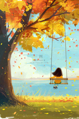 秋天湖泊大树下荡秋千的女孩落叶立秋秋分卡通插画背景 秋天湖泊大树下荡秋千的女孩落叶立秋秋分卡通插画背景