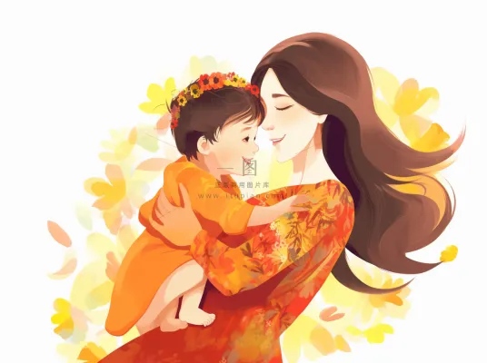 母亲节妈妈拥抱着孩子花海手绘插画素材海报背景