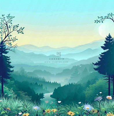 春天山脉小溪河流花丛绿植清新手绘插画,春分惊蛰 春天山脉小溪河流花丛绿植清新手绘插画,春分惊蛰