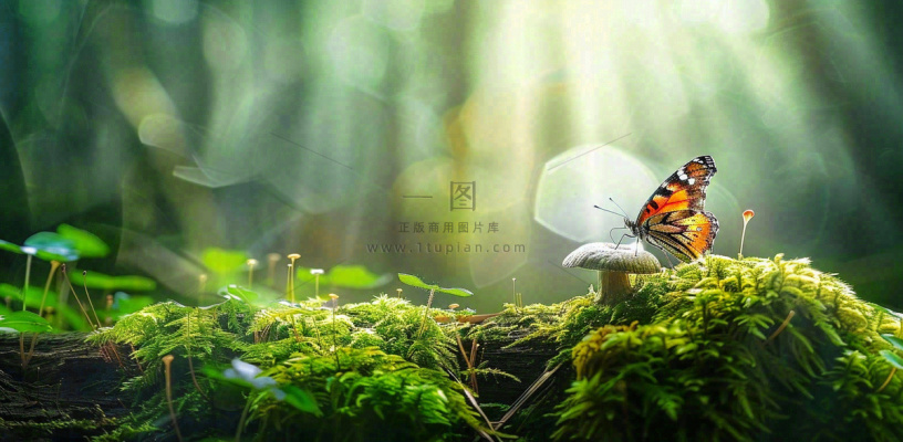 阳光斑驳下的蝴蝶苔藓蘑菇春天森林春分惊蛰摄影图 阳光斑驳下的蝴蝶苔藓蘑菇春天森林春分惊蛰摄影图