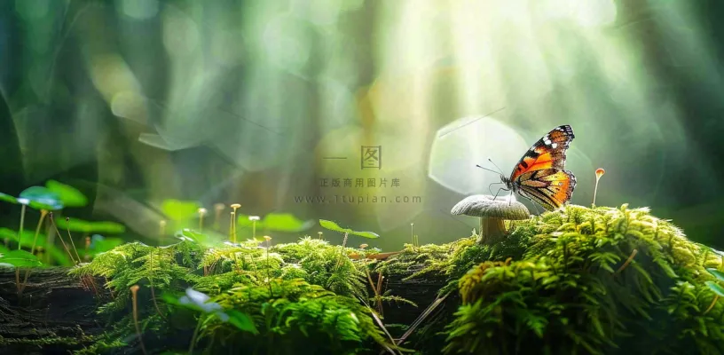 阳光斑驳下的蝴蝶苔藓蘑菇春天森林春分惊蛰摄影图 阳光斑驳下的蝴蝶苔藓蘑菇春天森林春分惊蛰摄影图