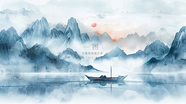 水墨山水画小船河面山川连绵国画插画背景
