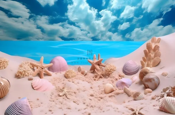 蓝色热带海滩岛屿上的沙子、贝壳、星星、大海和天空的舞台背景