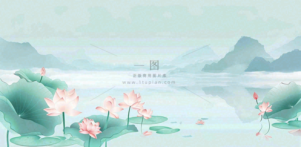 夏天山水荷花莲花清凉淡雅绿色中国风插画夏至大暑小暑背景