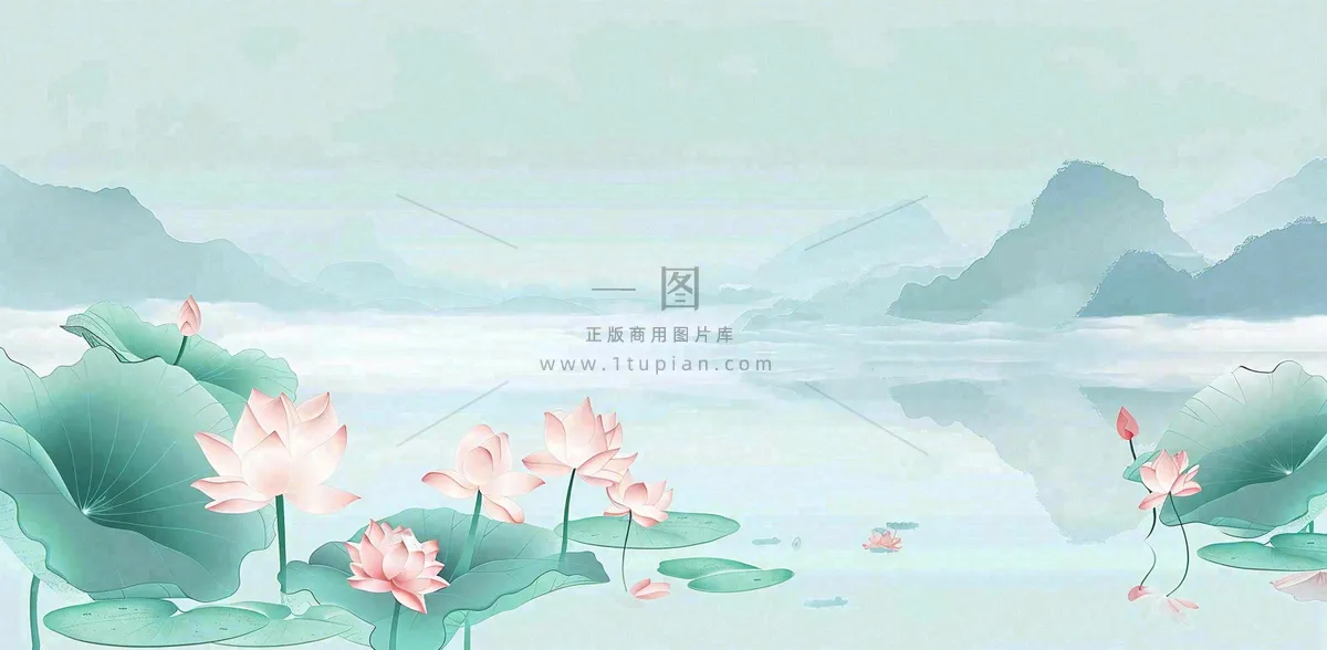 夏天山水荷花莲花清凉淡雅绿色中国风插画夏至大暑小暑背景