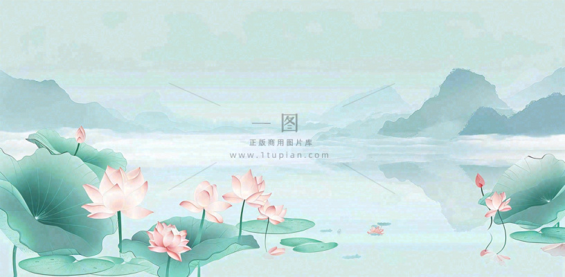 夏天山水荷花莲花清凉淡雅绿色中国风插画夏至大暑小暑背景 夏天山水荷花莲花清凉淡雅绿色中国风插画夏至大暑小暑背景