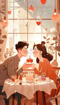 情人节情侣浪漫圣诞节日温馨生日会,插画手绘,居家餐厅美食 情人节情侣浪漫圣诞节日温馨生日会,插画手绘,居家餐厅美食