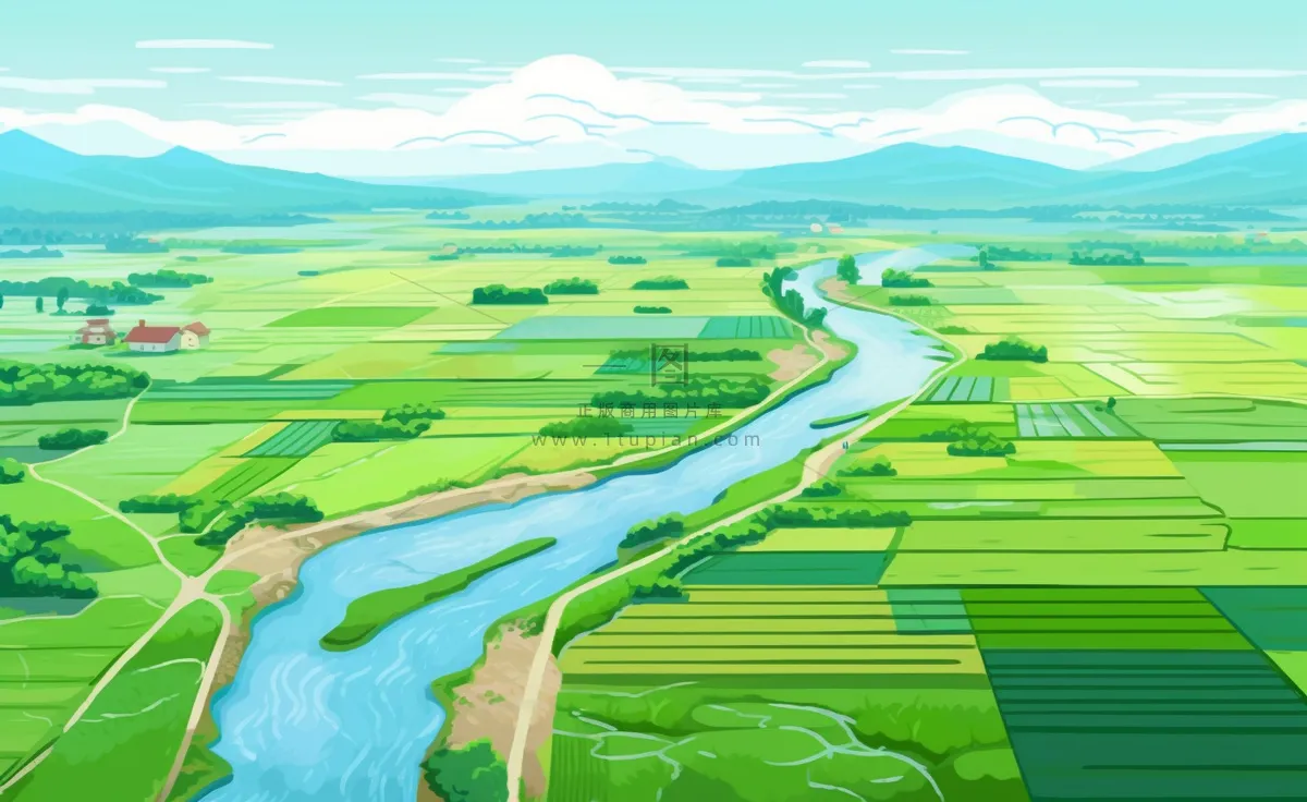 乡村村庄美丽风景河流插画农田插画背景