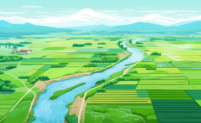 乡村村庄美丽风景河流插画农田插画背景 乡村村庄美丽风景河流插画农田插画背景