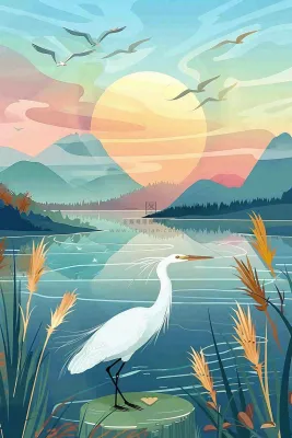 秋日芦苇荡的白鹭湖泊山水日落白露寒露插画背景 秋日芦苇荡的白鹭湖泊山水日落白露寒露插画背景
