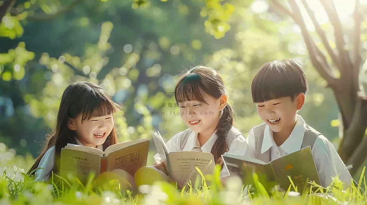 公园草坪看书阅读的学生孩子们知识兴趣世界读书日摄影图