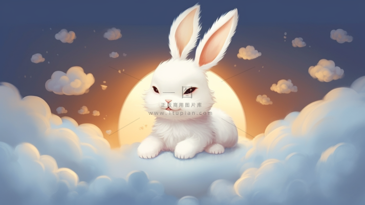 白兔趴着云朵上月亮中秋插画背景