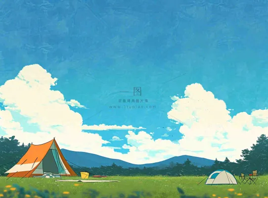 春天夏日清新草坪房车旅行露营玩耍手绘插画