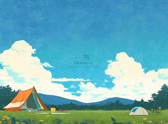 春天夏日清新草坪房车旅行露营玩耍手绘插画 春天夏日清新草坪房车旅行露营玩耍手绘插画