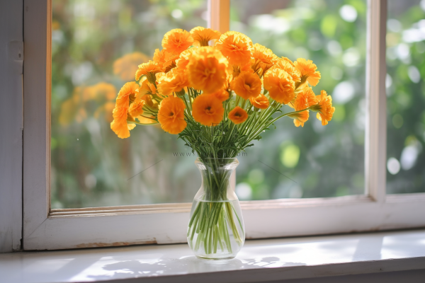 阳光照在白色窗台上的橙色鲜花光影摄影图