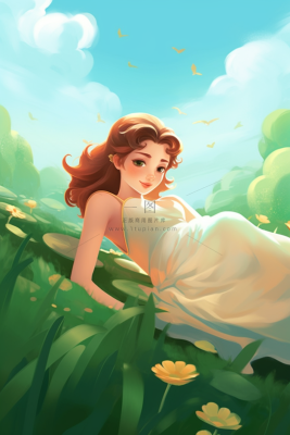 美丽的少女躺着花丛中卡通插画素材