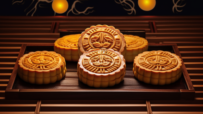 中秋木质托盘餐具上摆放着的月饼摄影图
