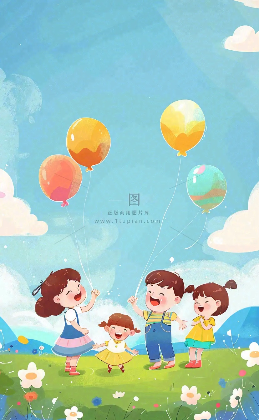 草坪玩耍的儿童气球派对儿童节卡通插画背景