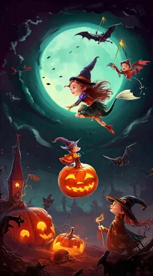 万圣节夜晚黑色南瓜恐怖卡通小鬼手绘插画