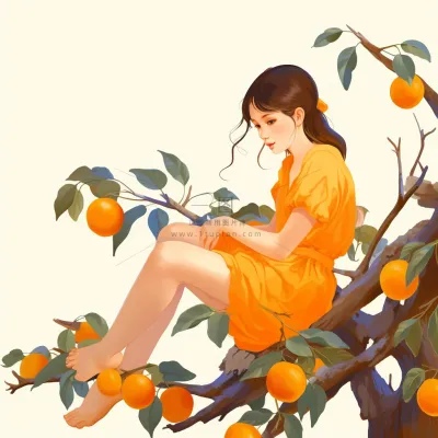女孩少女坐着橘子树上可爱卡通插画素材背景