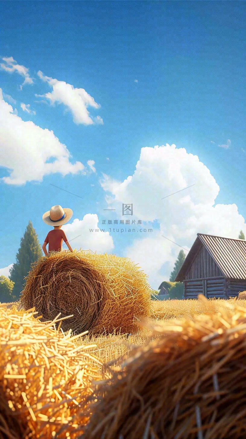小麦田里秋天人物收割卡通，秋分白露