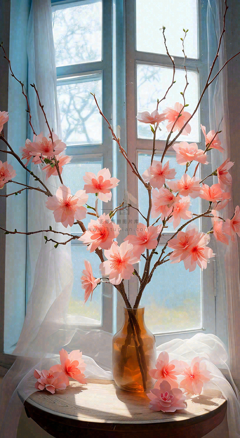 春天窗台花瓶粉色鲜花花束,春分
