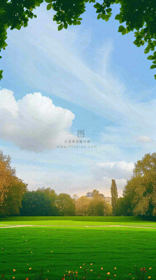 蓝天白云草地树木建筑，春天