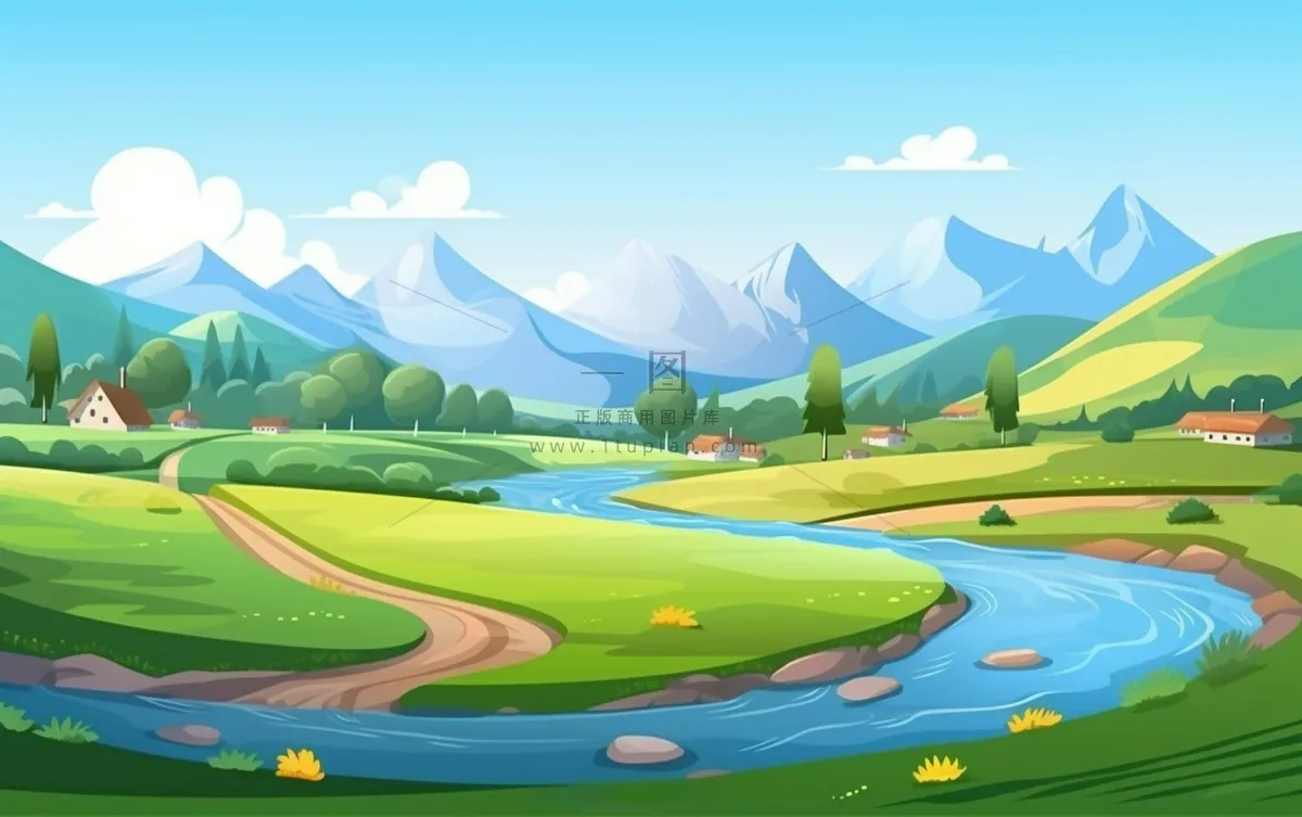 乡村村庄美丽风景河流插画农田插画背景